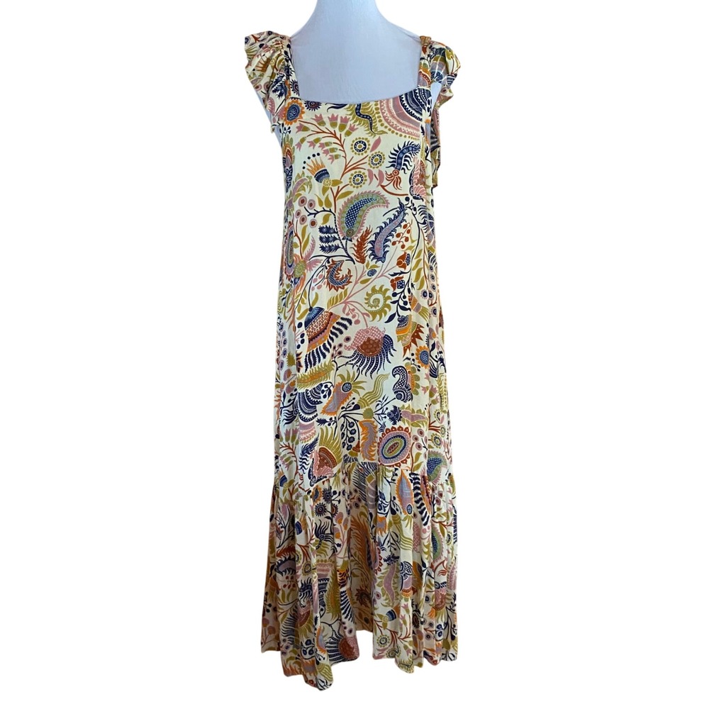 House of Harlow 1960 Floral Maxi Dress Tie Shoulder Tiered Ruffle Cream L